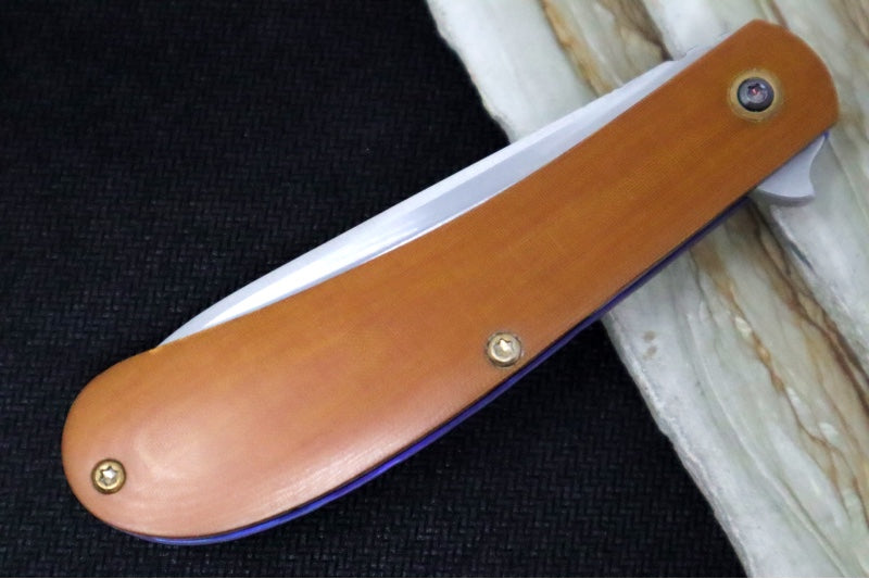 Preowned Doc Shiffer Backpocket Flipper Custom - Drop Point Blade / Nitro-V Steel / Brown Micarta & Anodized Titanium Handle / Gold Accents