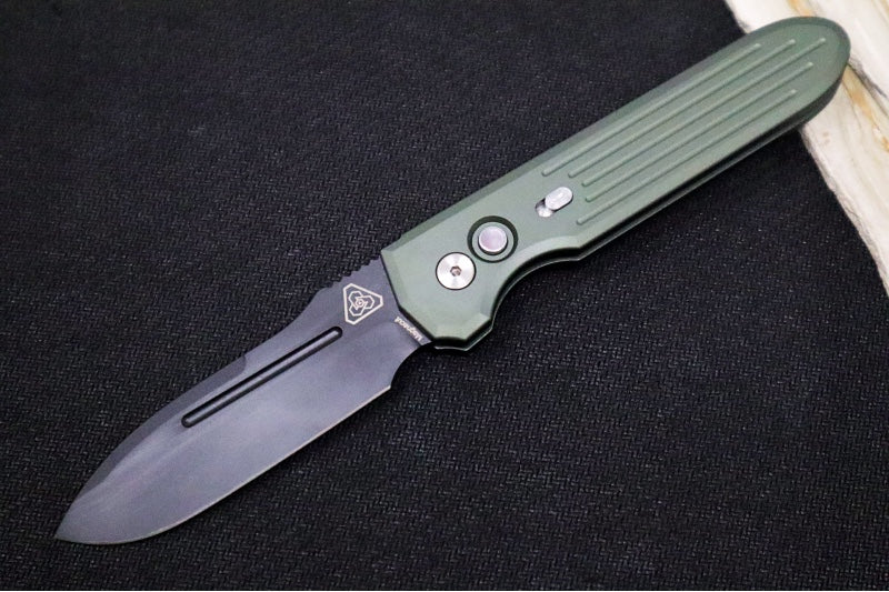 Pro Tech PDW Invictus Auto - OD Green Anodized Aluminum Handle / Black DLC Finish / CPM-Magnacut Steel / Black Lip Pearl Push Button 1805-GREEN - Northwest Knives