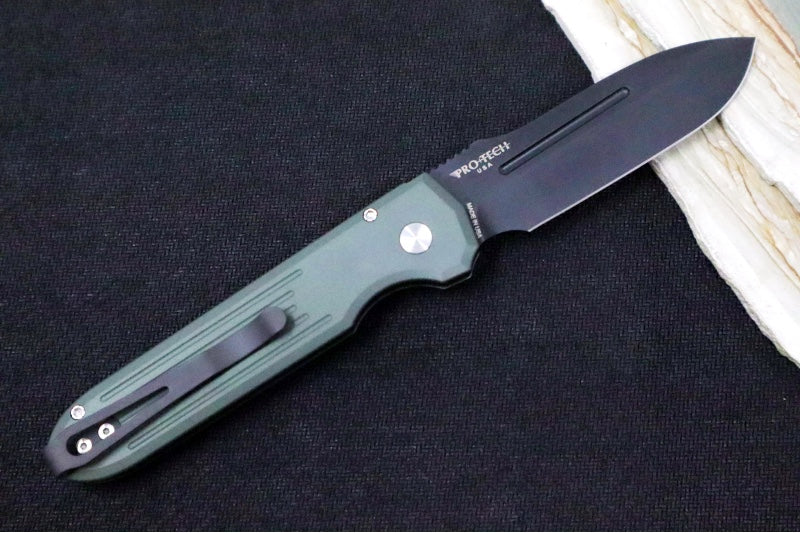 Pro Tech PDW Invictus Auto - OD Green Anodized Aluminum Handle / Black DLC Finish / CPM-Magnacut Steel / Black Lip Pearl Push Button 1805-GREEN