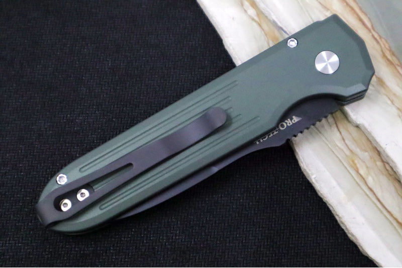 Pro Tech PDW Invictus Auto - OD Green Anodized Aluminum Handle / Black DLC Finish / CPM-Magnacut Steel / Black Lip Pearl Push Button 1805-GREEN
