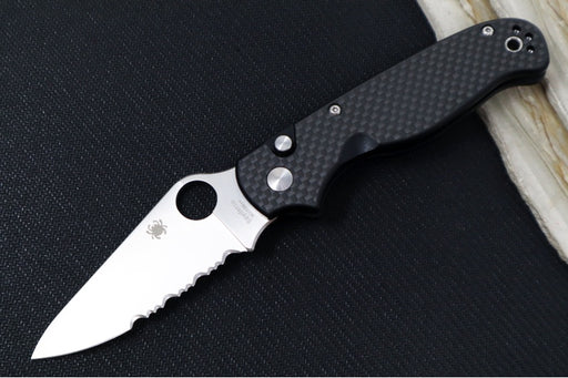 Spyderco ButtonUp Folder - Black Carbon Fiber Handle / 8Cr13MoV Stainless Steel / Serrated Satin Modified Clip Point C275CFPS - Northwest Knives