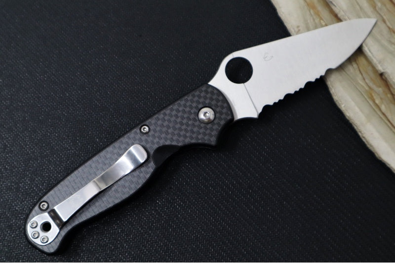 Spyderco ButtonUp Folder - Black Carbon Fiber Handle / 8Cr13MoV Stainless Steel / Serrated Satin Modified Clip Point C275CFPS