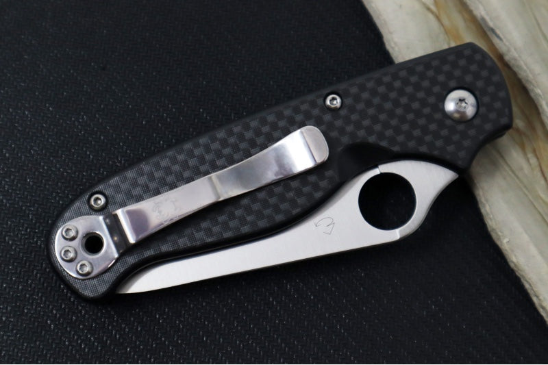 Spyderco ButtonUp Folder - Black Carbon Fiber Handle / 8Cr13MoV Stainless Steel / Serrated Satin Modified Clip Point C275CFPS