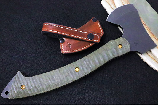 Toor Knives Camp Axe Campfire - Forest Green Canvas Micarta Handle / Black Oxide Finished Blade / D2 Steel / Leather Sheath 850049642781