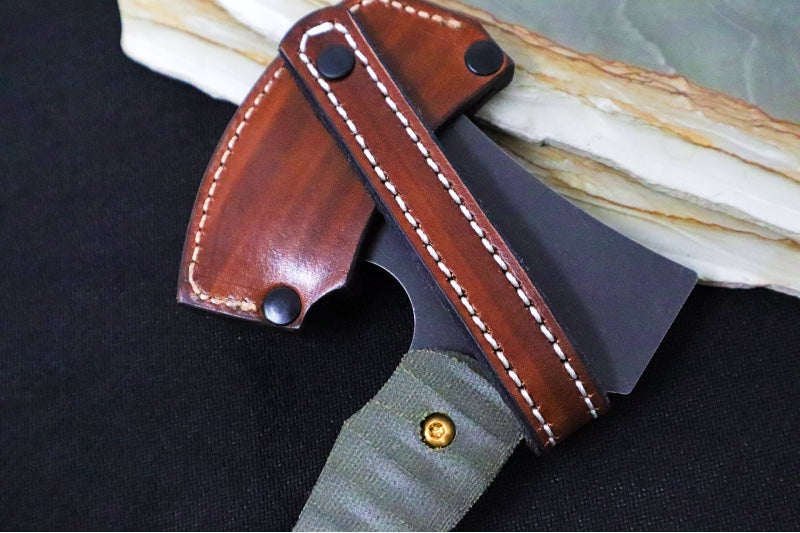 Toor Knives Camp Axe Campfire - Forest Green Canvas Micarta Handle / Black Oxide Finished Blade / D2 Steel / Leather Sheath 850049642781