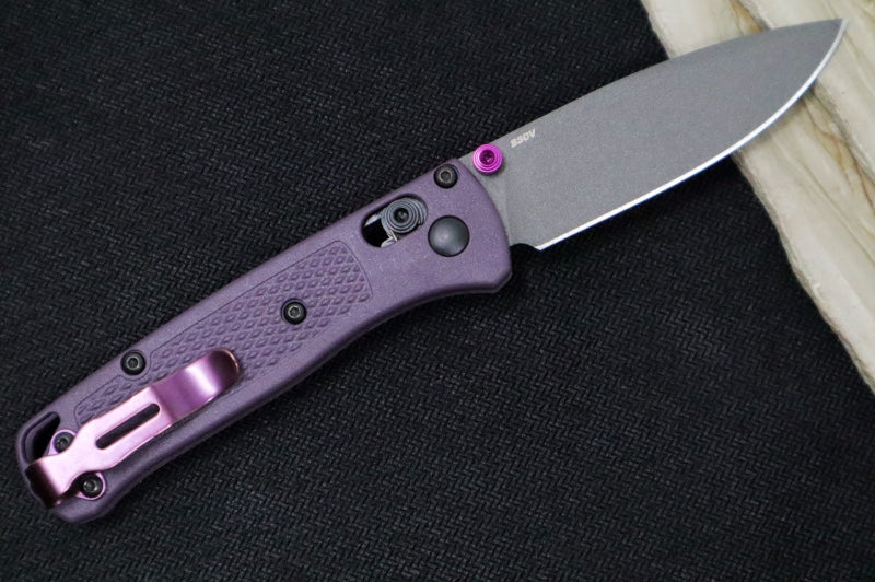 Benchmade 533GY-09 Mini Bugout Manual Folder - Drop Point Blade / CPM-S30V Steel / Tungsten Grey Cerakote Finish / Dark Purple Grivory Handle