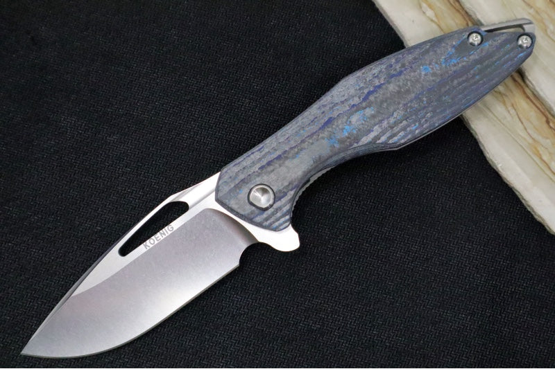 Koenig Arius - Blue Camo Carbon Fiber & Titanium Handle / Brightwashed Blade with Polished Flats / Stonewashed Spacer & Clip - Northwest Knives
