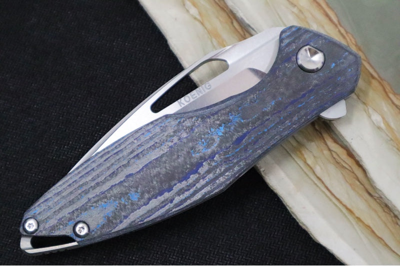 Koenig Arius - Blue Camo Carbon Fiber & Titanium Handle / Brightwashed Blade with Polished Flats / Stonewashed Spacer & Clip - Northwest Knives