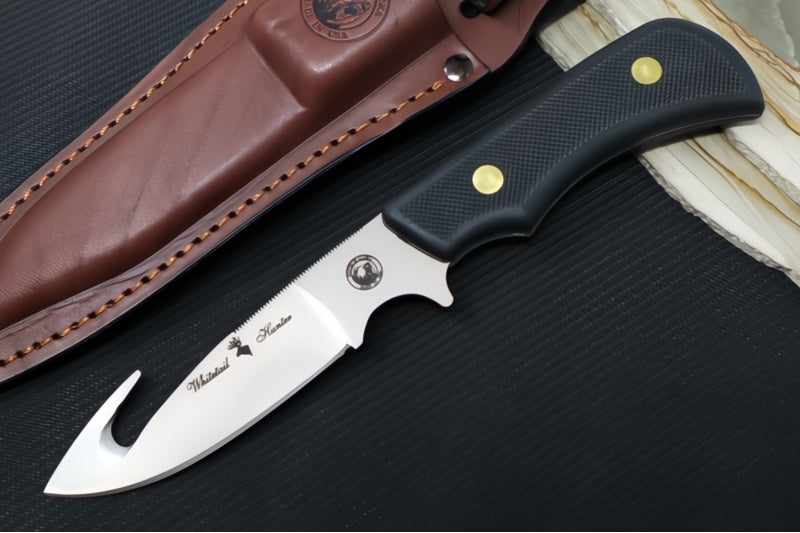 Knives of Alaska Trekker Whitetail Fixed Blade - Black Surgrip Handle / D2 Tool Steel / Drop Point Blade & Guthook / Brown Leather Sheath 00162FG