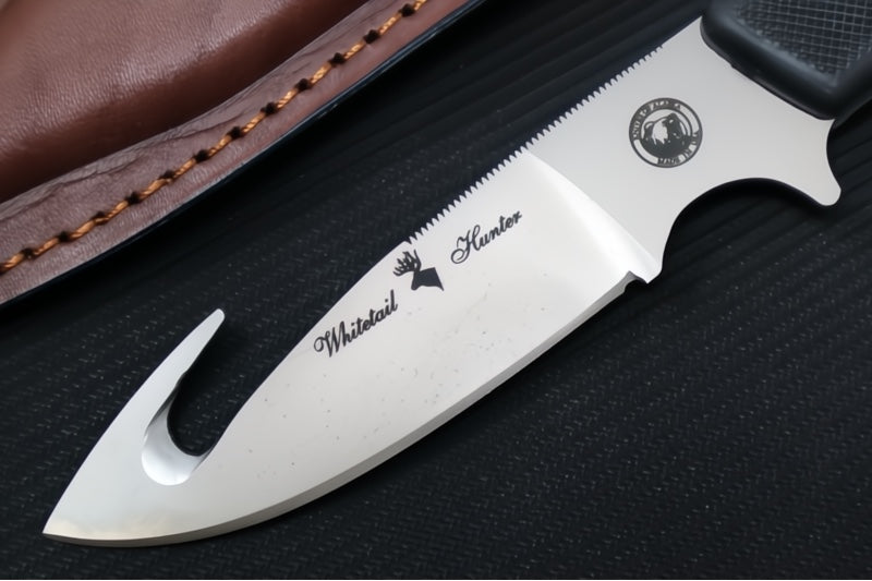 Knives of Alaska Trekker Whitetail Fixed Blade - Black Surgrip Handle / D2 Tool Steel / Drop Point Blade & Guthook / Brown Leather Sheath 00162FG