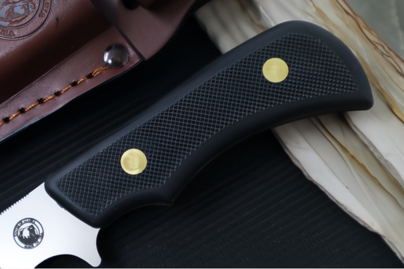 Knives of Alaska Trekker Whitetail Fixed Blade - Black Surgrip Handle / D2 Tool Steel / Drop Point Blade & Guthook / Brown Leather Sheath 00162FG