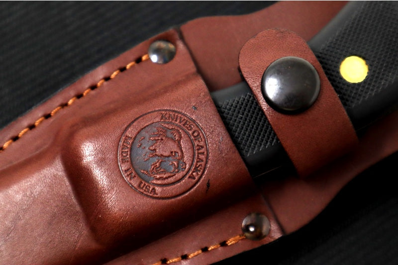Knives of Alaska Trekker Whitetail Fixed Blade - Black Surgrip Handle / D2 Tool Steel / Drop Point Blade & Guthook / Brown Leather Sheath 00162FG