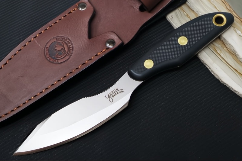 Knives of Alaska Yukon #1 Fixed Blade - Black Surgrip Handle / D2 Tool Steel / Elliptical Blade / Brown Leather Sheath 00820FG