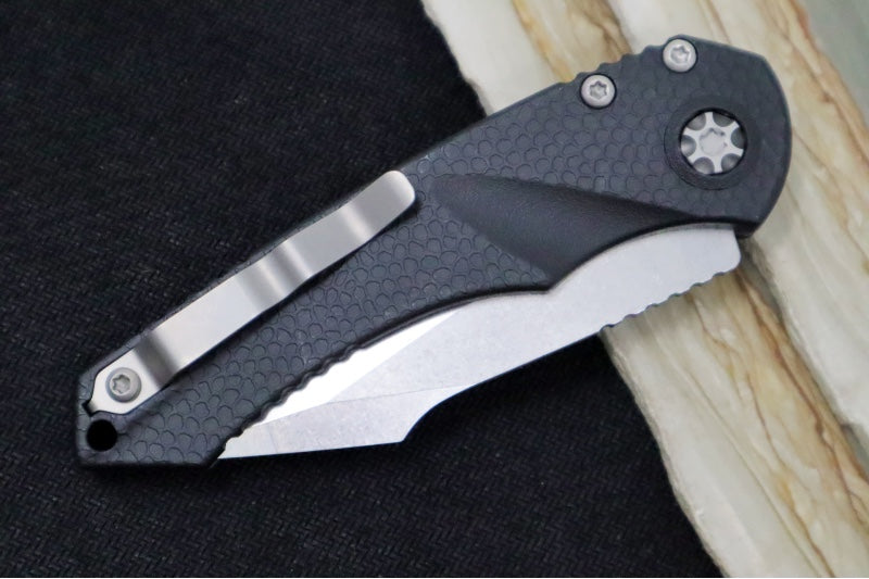 Heretic Knives Mini Pariah Auto - Stonewashed Finished Single Edge Blade / CPM-Magnacut Steel / Black Gator Grip Polymer Handle H054-2A