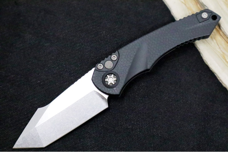 Heretic Knives Mini Pariah Auto - Stonewashed Finished Tanto / CPM-Magnacut Steel / Black Gator Grip Polymer Handle H055-2A