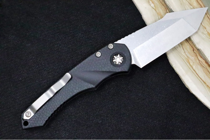 Heretic Knives Mini Pariah Auto - Stonewashed Finished Tanto / CPM-Magnacut Steel / Black Gator Grip Polymer Handle H055-2A - Northwest Knives