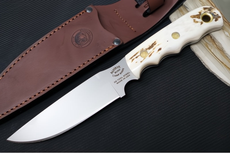 Knives of Alaska Bush Camp Fixed Blade - Genuine Stag Handle / D2 Tool Steel / Drop Point Blade / Brown Leather Sheath 00037FG
