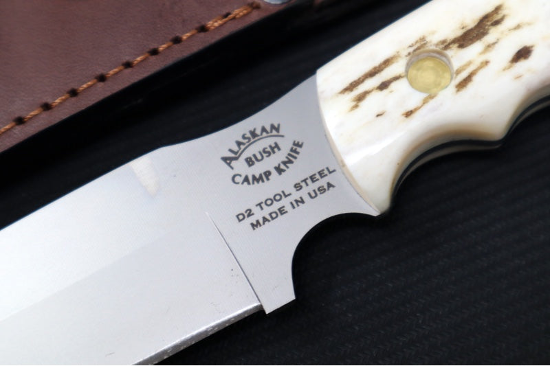 Knives of Alaska Bush Camp Fixed Blade - Genuine Stag Handle / D2 Tool Steel / Drop Point Blade / Brown Leather Sheath 00037FG