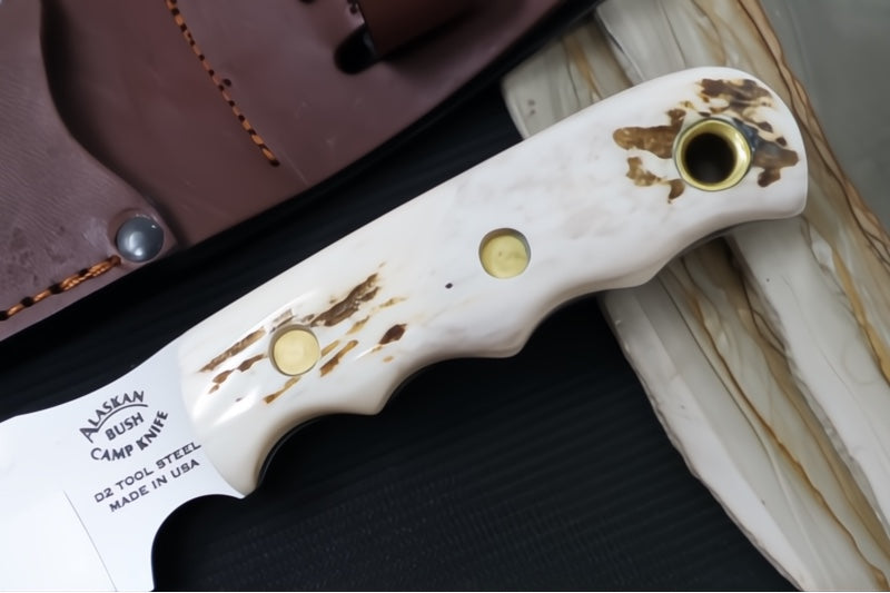 Knives of Alaska Bush Camp Fixed Blade - Genuine Stag Handle / D2 Tool Steel / Drop Point Blade / Brown Leather Sheath 00037FG