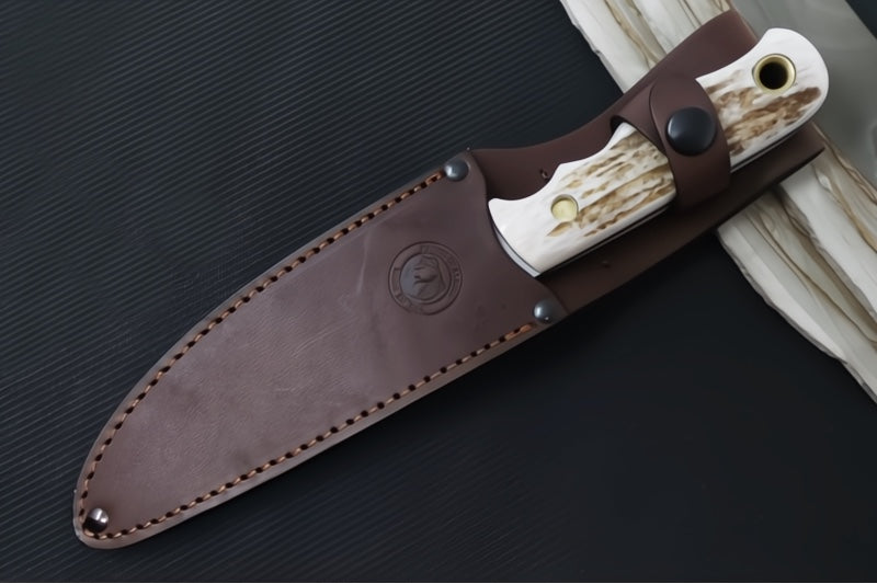 Knives of Alaska Bush Camp Fixed Blade - Genuine Stag Handle / D2 Tool Steel / Drop Point Blade / Brown Leather Sheath 00037FG