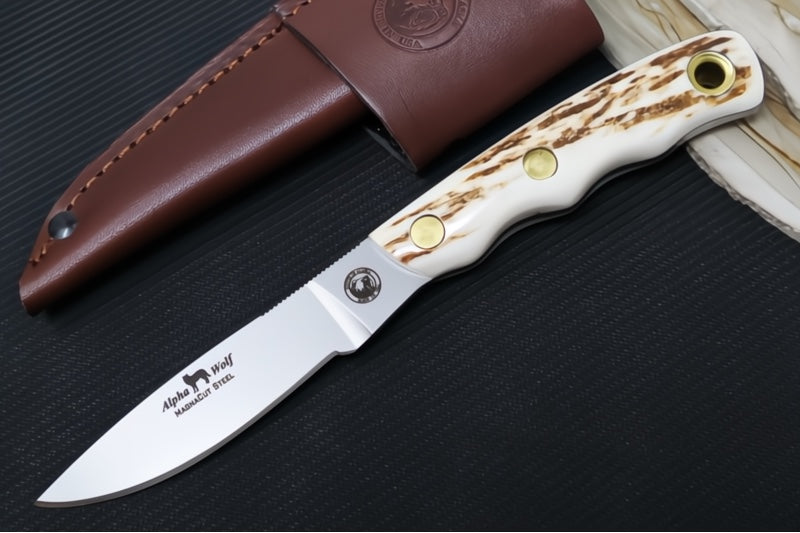 Knives of Alaska Alpha Wolf Fixed Blade - Genuine Stag Handle / Magnacut Steel / Drop Point Blade / Brown Leather Sheath 00332FG
