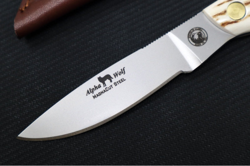 Knives of Alaska Alpha Wolf Fixed Blade - Genuine Stag Handle / Magnacut Steel / Drop Point Blade / Brown Leather Sheath 00332FG