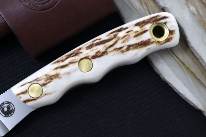Knives of Alaska Alpha Wolf Fixed Blade - Genuine Stag Handle / Magnacut Steel / Drop Point Blade / Brown Leather Sheath 00332FG