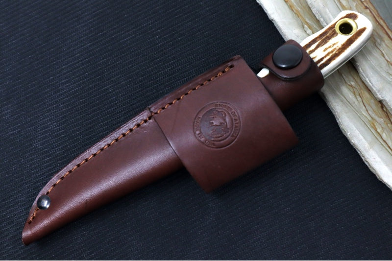 Knives of Alaska Alpha Wolf Fixed Blade - Genuine Stag Handle / Magnacut Steel / Drop Point Blade / Brown Leather Sheath 00332FG