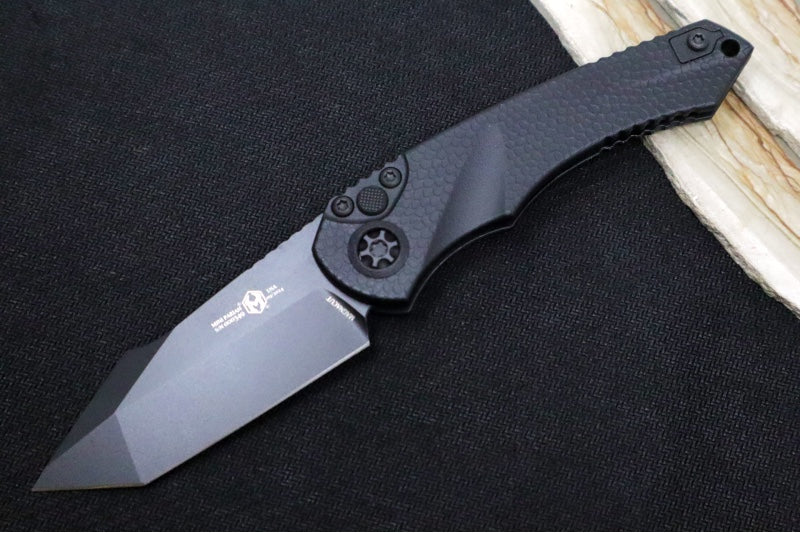 Heretic Knives Mini Pariah Auto Tactical - Black Finished Tanto / CPM-Magnacut Steel / Black Gator Grip Polymer Handle H055-4A-T - Northwest Knives