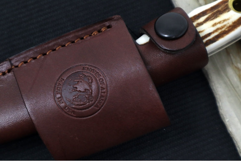 Knives of Alaska Alpha Wolf Fixed Blade - Genuine Stag Handle / Magnacut Steel / Drop Point Blade / Brown Leather Sheath 00332FG