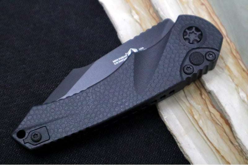 Heretic Knives Mini Pariah Auto Tactical - Black Finished Tanto / CPM-Magnacut Steel / Black Gator Grip Polymer Handle H055-4A-T - Northwest Knives