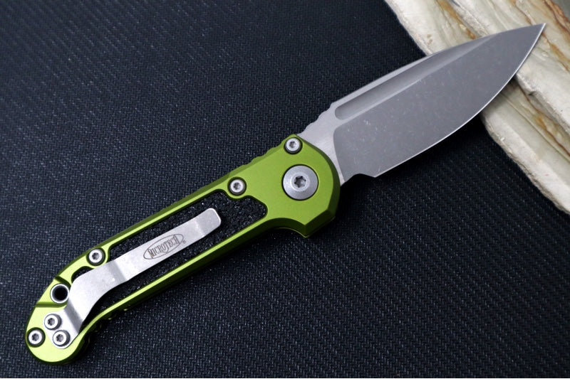 Microtech L.U.D.T Gen III - Apocalyptic Finish / Drop Point Blade / Green Aluminum Handle & Black Traction Tape Inlay - 1135-10APOD