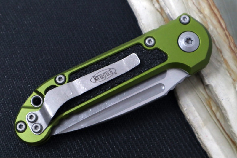 Microtech L.U.D.T Gen III - Apocalyptic Finish / Drop Point Blade / Green Aluminum Handle & Black Traction Tape Inlay - 1135-10APOD