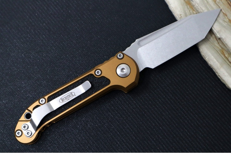 Microtech L.U.D.T Gen III - Stonewash Finish / Tanto Blade / Tan Aluminum Handle & Black Traction Tape Inlay - 1136-10TA