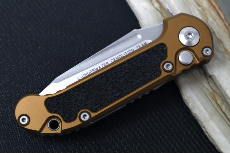 Microtech L.U.D.T Gen III - Stonewash Finish / Tanto Blade / Tan Aluminum Handle & Black Traction Tape Inlay - 1136-10TA