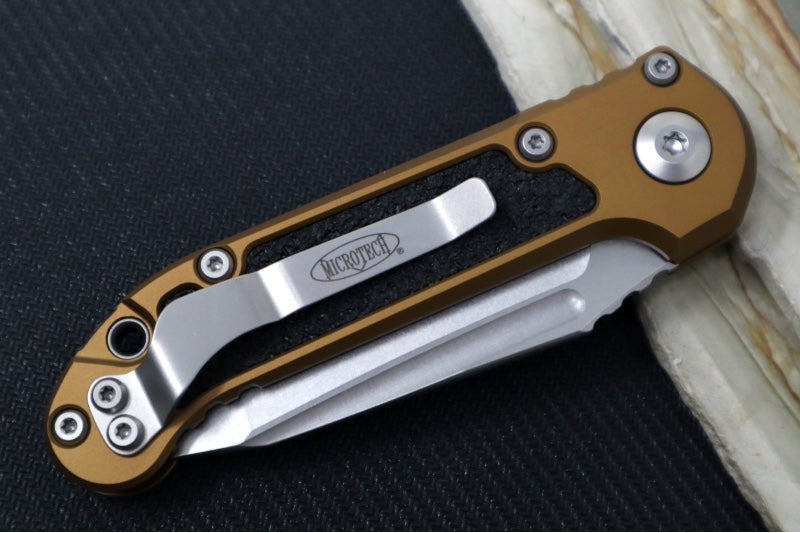 Microtech L.U.D.T Gen III - Stonewash Finish / Tanto Blade / Tan Aluminum Handle & Black Traction Tape Inlay - 1136-10TA