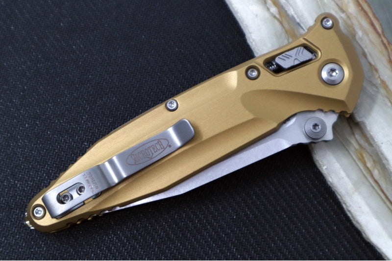 Microtech Socom Delta RAM-LOCK Manual Folder - Stonewashed Finished Blade / Tan Frag Anodized Aluminum w/ Trim-Grip Handle 159RL-10TA