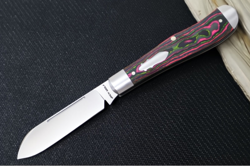 Jack Wolf Knives Eureka Slipjoint - CamoCarbon Watermelon Sugar Handle & Stainless Steel Bolsters / Drop Point Blade / Sandvik 14C28N Steel / Satin Finish