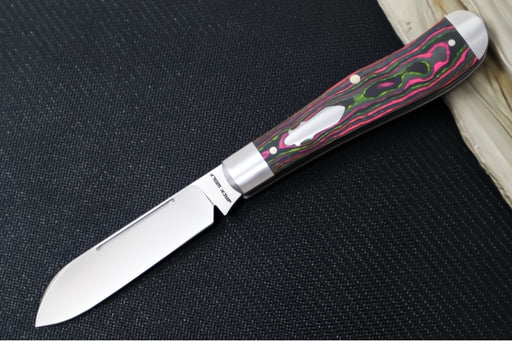 Jack Wolf Knives Eureka Slipjoint - CamoCarbon Watermelon Sugar Handle & Stainless Steel Bolsters / Drop Point Blade / Sandvik 14C28N Steel / Satin Finish - Northwest Knives