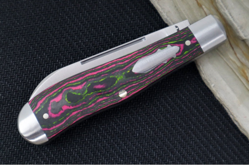 Jack Wolf Knives Eureka Slipjoint - CamoCarbon Watermelon Sugar Handle & Stainless Steel Bolsters / Drop Point Blade / Sandvik 14C28N Steel / Satin Finish