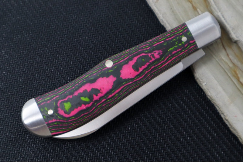 Jack Wolf Knives Eureka Slipjoint - CamoCarbon Watermelon Sugar Handle & Stainless Steel Bolsters / Drop Point Blade / Sandvik 14C28N Steel / Satin Finish