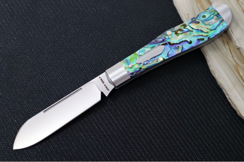 Jack Wolf Knives Eureka Slipjoint - Abalone Handle & Stainless Steel Bolsters / Drop Point Blade / Sandvik 14C28N Steel / Satin Finish