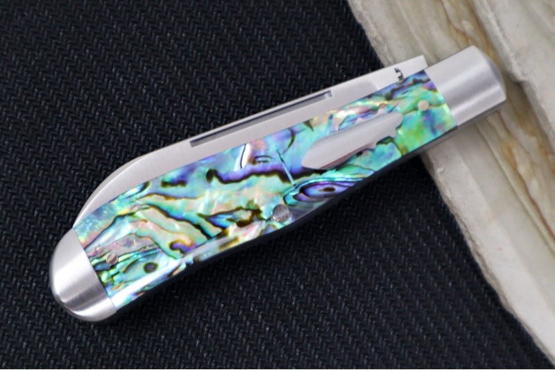 Jack Wolf Knives Eureka Slipjoint - Abalone Handle & Stainless Steel Bolsters / Drop Point Blade / Sandvik 14C28N Steel / Satin Finish