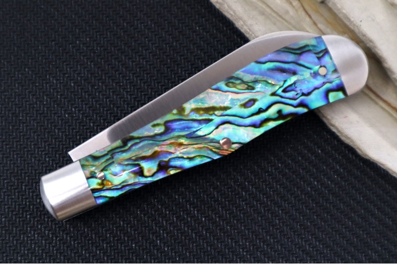 Jack Wolf Knives Eureka Slipjoint - Abalone Handle & Stainless Steel Bolsters / Drop Point Blade / Sandvik 14C28N Steel / Satin Finish