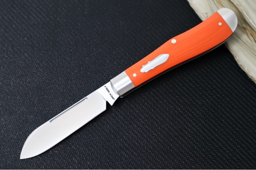 Jack Wolf Knives Eureka Slipjoint - Vibe Linen Bengal Orange Handle & Stainless Steel Bolsters / Drop Point Blade / Sandvik 14C28N Steel / Satin Finish - Northwest Knives