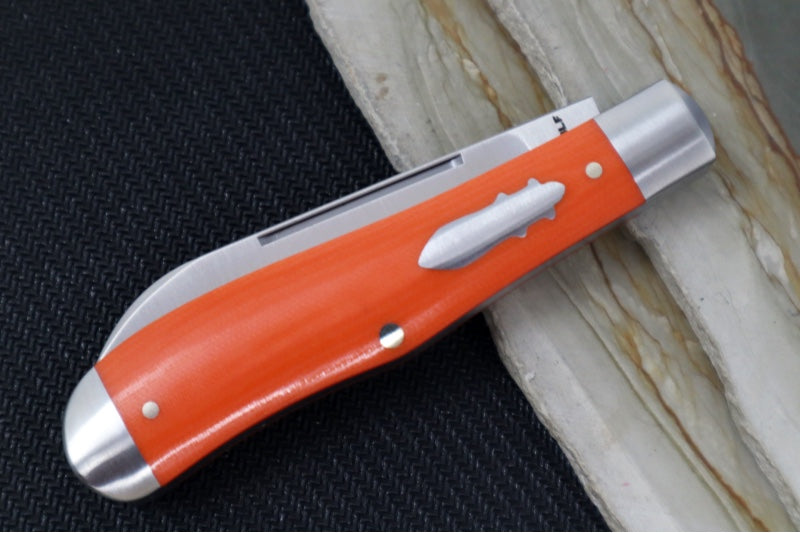 Jack Wolf Knives Eureka Slipjoint - Vibe Linen Bengal Orange Handle & Stainless Steel Bolsters / Drop Point Blade / Sandvik 14C28N Steel / Satin Finish