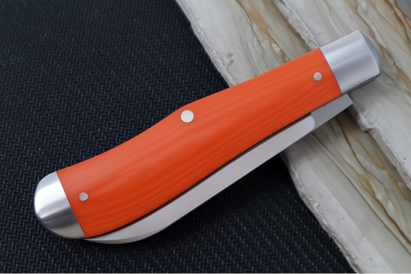 Jack Wolf Knives Eureka Slipjoint - Vibe Linen Bengal Orange Handle & Stainless Steel Bolsters / Drop Point Blade / Sandvik 14C28N Steel / Satin Finish