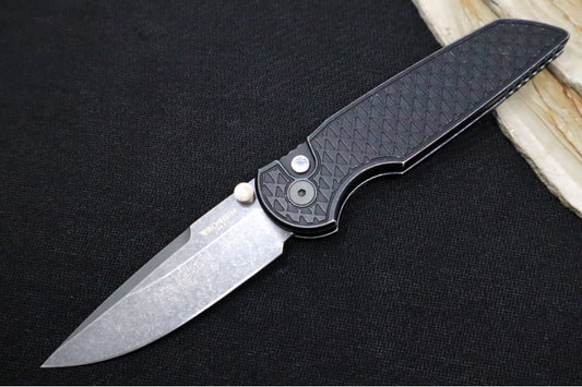 Pro Tech TR-3 Integrity Bladeshow West Exclusive - Drop Point with Double Thumb Studs / Acid Washed Finish / CPM-S35VN Steel / Relic Textured Battleworn Black Anodized Titanium Handle / Abalone Button