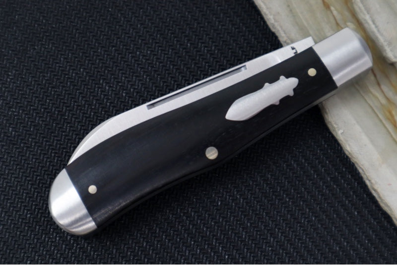 Jack Wolf Knives Eureka Slipjoint - Ebony Handle & Stainless Steel Bolsters / Drop Point Blade / Sandvik 14C28N Steel / Satin Finish