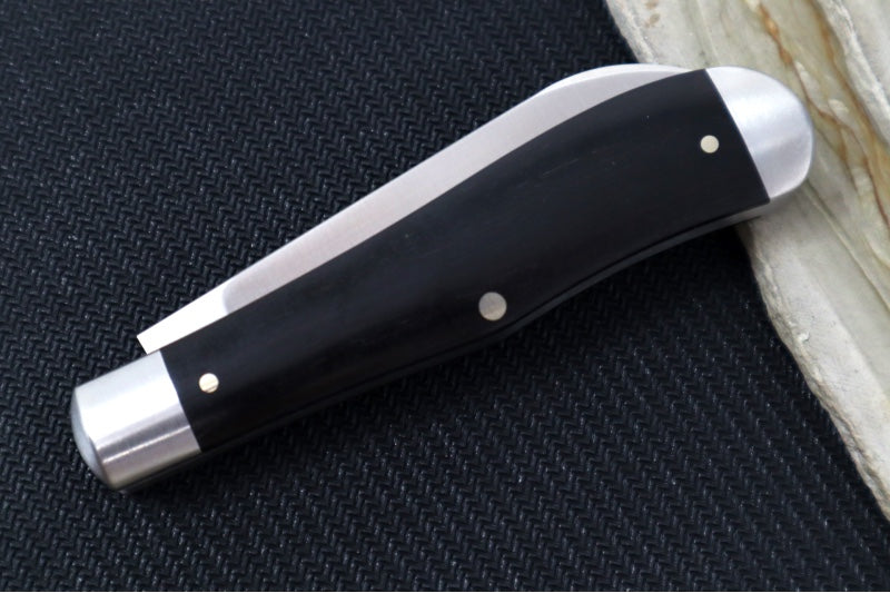 Jack Wolf Knives Eureka Slipjoint - Ebony Handle & Stainless Steel Bolsters / Drop Point Blade / Sandvik 14C28N Steel / Satin Finish